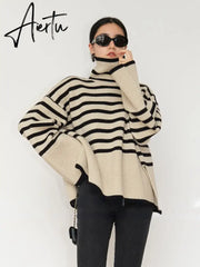 Fashion Tops Women Striped High Collar Sweater New Autumn Winter Loose Design Knitted Pullover Oversized Sweater Jumper Aiertu