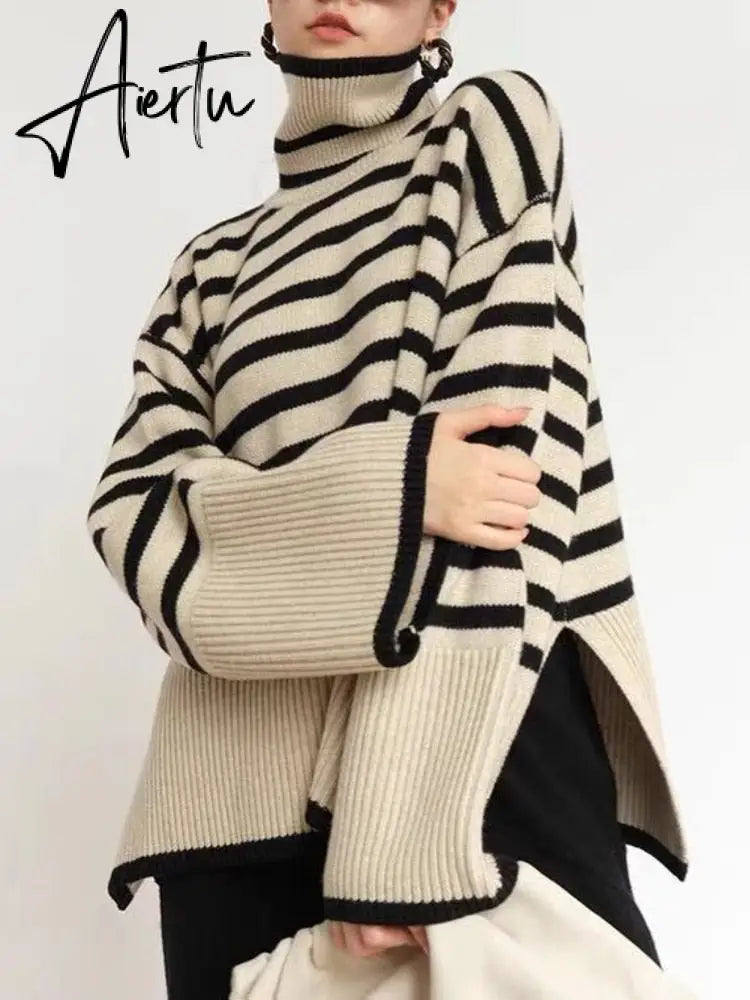 Fashion Tops Women Striped High Collar Sweater New Autumn Winter Loose Design Knitted Pullover Oversized Sweater Jumper Aiertu