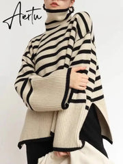 Fashion Tops Women Striped High Collar Sweater New Autumn Winter Loose Design Knitted Pullover Oversized Sweater Jumper Aiertu