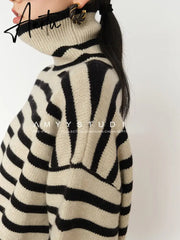 Fashion Tops Women Striped High Collar Sweater New Autumn Winter Loose Design Knitted Pullover Oversized Sweater Jumper Aiertu