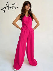 Fashion Women Button Vest And Wide Leg Pant Sets Spring Summer Tank Loose Straight Trouser 2pc Sets Commuter Office Lady Outfits Aiertu