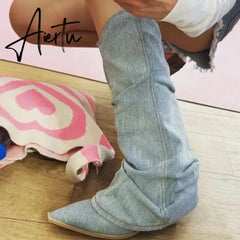 Fashion Women Chelsea Boots Cowboy Knee High Shoes 2023 New Autumn Winter Mid Heels Boots Casual Shoes Chunky Motorcycle Botas Aiertu