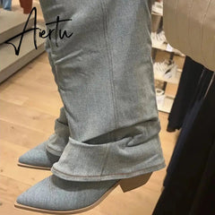 Fashion Women Chelsea Boots Cowboy Knee High Shoes 2023 New Autumn Winter Mid Heels Boots Casual Shoes Chunky Motorcycle Botas Aiertu