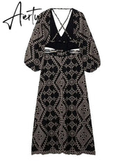 Fashion Women Sexy Printing Strap Hollow Dress V Neck Princess Sleeve Backless Frock Summer Vintage Party Holiday Vestidos Aiertu