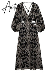 Fashion Women Sexy Printing Strap Hollow Dress V Neck Princess Sleeve Backless Frock Summer Vintage Party Holiday Vestidos Aiertu