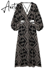 Fashion Women Sexy Printing Strap Hollow Dress V Neck Princess Sleeve Backless Frock Summer Vintage Party Holiday Vestidos Aiertu