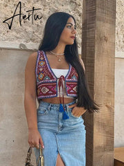 Aiertu Fashion Y2K Embroidery Women Waistcoats Vintage V Neck Sleeveless Tassels Hem Tied Front Slim Vest Summer Female Thin Crop Top Aiertu