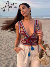 Aiertu Fashion Y2K Embroidery Women Waistcoats Vintage V Neck Sleeveless Tassels Hem Tied Front Slim Vest Summer Female Thin Crop Top Aiertu