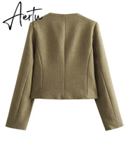 Fashon Tweed Jacket For Women Autumn Winter Long Sleeve Single Breasted Cropped Coat Female Solid O-neck Pocket Outwear Top Aiertu