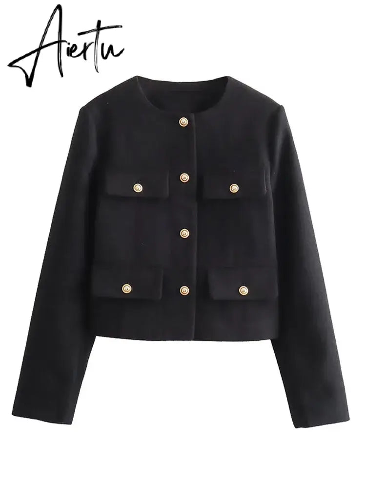 Fashon Tweed Jacket For Women Autumn Winter Long Sleeve Single Breasted Cropped Coat Female Solid O-neck Pocket Outwear Top Aiertu