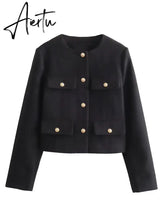 Fashon Tweed Jacket For Women Autumn Winter Long Sleeve Single Breasted Cropped Coat Female Solid O-neck Pocket Outwear Top Aiertu