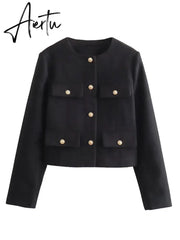 Fashon Tweed Jacket For Women Autumn Winter Long Sleeve Single Breasted Cropped Coat Female Solid O-neck Pocket Outwear Top Aiertu