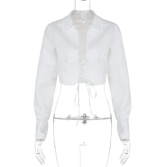 Aiertu - Turn-Down Collar Long Sleeves Lace Up Crop Blouses Solid Sexy Bodycon Top Party Clubwear Women'S Autumn Winter Clothes Aiertu
