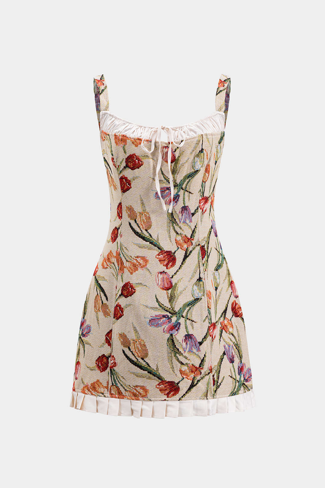 Aiertu - Satin Jacquard Pleated Patchwork Zipper Tie Front Slip Mini Dress Aiertu