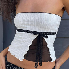Aiertu outfit ideas Hotsweet Bow Crop Tops Chic Lace Patchwork Strapless Vests Y2K Streetwear Aesthetic Fashion Sleeveless Slim Camis Aiertu