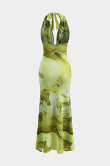 Aiertu - Tie Dye Print Backless Cowl Neck Maxi Dress Aiertu