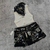 Aiertu - Y2K Streetwear Retro Skirt Gothic Hip Hop Patchwork Rhinestone Sequins Loose Washed Denim Short Group High Waist Slim Mini Skirt Aiertu