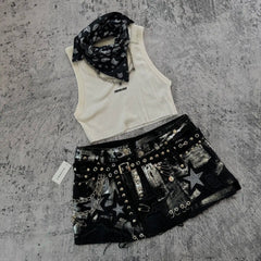 Aiertu - Y2K Streetwear Retro Skirt Gothic Hip Hop Patchwork Rhinestone Sequins Loose Washed Denim Short Group High Waist Slim Mini Skirt Aiertu