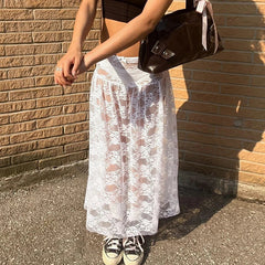 Aiertu - Sexy Lace See-Through Skirt For Women Elastic Waist Bow Jacquard Splice Summer New Solid Color Loose Long Skirt Female Aiertu