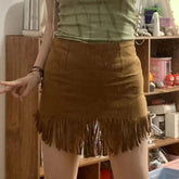 Aiertu - New Y2k Harajuku Deerskin Elastic Mini Skirt Hot Girl Sexy Irregular Tassel Retro Western Personality Fashion Cowboy Boot Skirts Aiertu