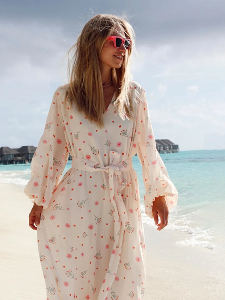 Aiertu - Women Printed Chiffon Dress Sweet Casual Summer Loose V-neck Beach Lace Up Long Skirts Fashionable Office Lady Dress Aiertu