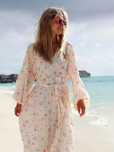 Aiertu - Women Printed Chiffon Dress Sweet Casual Summer Loose V-neck Beach Lace Up Long Skirts Fashionable Office Lady Dress Aiertu