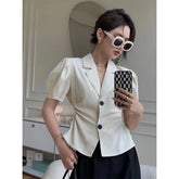 Aiertu Elegant Cropped Shirts Women Vintage Sexy Hollow Out Shirring Blouses Summer Office Ladies Korean Puff Sleeve Chic Tops Aiertu