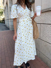Aiertu - Women's V-neck Short Sleeve Floral Printed Cotton Dress Fashion Streetwear 2026 High Waist Bandage A-line Long Holiday Dresses Aiertu