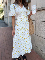 Aiertu - Women's V-neck Short Sleeve Floral Printed Cotton Dress Fashion Streetwear 2026 High Waist Bandage A-line Long Holiday Dresses Aiertu