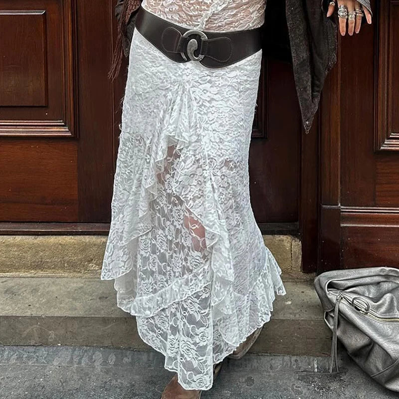 Aiertu - Fashion Irregular Lace See Through Long Skirt For Women Rose Jacquard Tassel Patchwork High Waisted Skirt Female Summer Aiertu