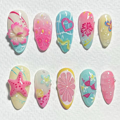 Aiertu - 24PCS Summer Colorful Almond False Nail with 3D Flower Beach Paintings Press on Fake Nail Full Cover Wearable Manicure for Women Aiertu