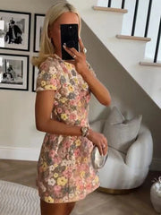 Aiertu - Chic Flower Mini Dress Women O-neck Short Sleeves High Waist A-line Dresses Female 2025 Spring Summer Fashion Floral Lady Robe Aiertu
