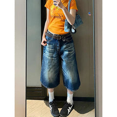 Aiertu Vintage Y2K Wash Whiskers Denim Shorts Women High Waist Distressed Frayed Wide Leg Baggy Jeans Jorts Casual Summer Clothes Aiertu