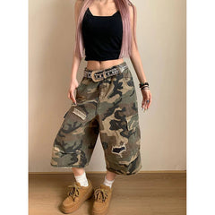 Aiertu American Retro High Waist Camouflage Jeans Women Pockets Hip-hop Shorts 2025 Summer Casual Y2K Grunge Street Washed Denim Shorts Aiertu