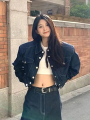 Aiertu - Sweet Hot Girl Retro Suit Women's Spring and Autumn Slim Fit Denim Short Shirt Loose Wide Leg Pants Two-piece Set Female Clothes Aiertu