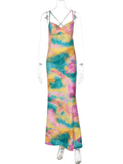 Aiertu - Tie dye Cowl Neck Summer Dress Women Open Back Strappy Sleeveless Maxi Long Ombre One-piece Summer Holiday Beachwear Aiertu