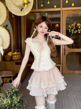 Aiertu - Summer Sweet Girls Two Piece Skirt Sets Lace Splicing Puff Sleeve Slim Shirt Tops + High Waist A Line Mini Skirt Outfits Aiertu