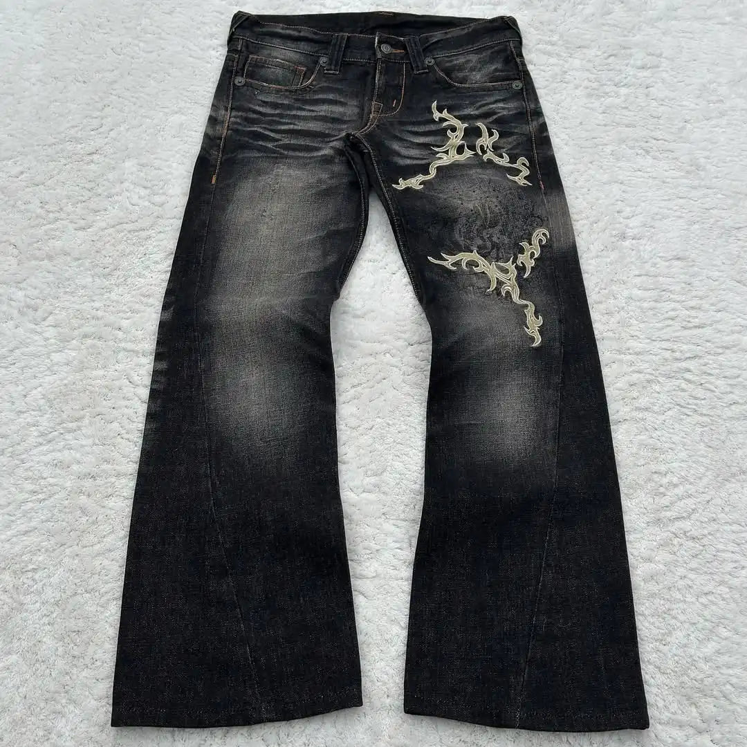 Aiertu - High Street Gothic American Fashion Hip Hop Straight Jeans Harajuku y2k Personalized Washed Low Waist Slim Micro Flared Jeans Aiertu