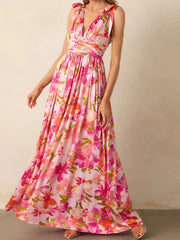 Aiertu - Elegant Maxi Dress with Boho Floral Print Stylish V-Neckline and Chic Tie-Up Shoulder Detail Perfect for Summer Casual Wear Aiertu