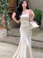 Aiertu - Knitted Neck-mounted Slim Dresses for Women Summer New Elegant Fashions Sleeveless Long Dress Evening Party Female Clothing Aiertu