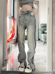 Aiertu Low Rise Washed Straight-Fit Slit Wide-Leg Jeans Aiertu