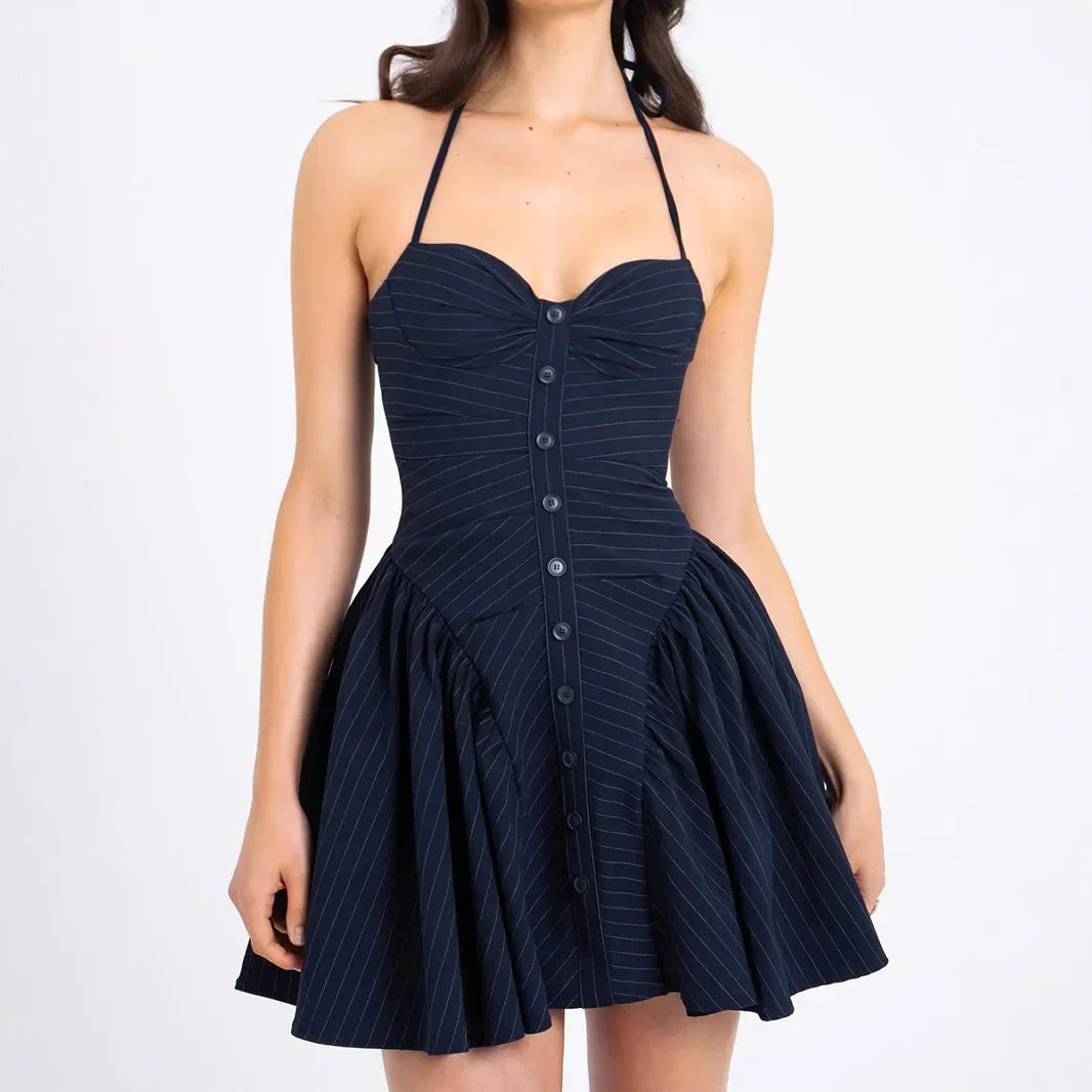Aiertu - Pure Desire Style Striped Hanging Neck, Waist, and Bareback Dress for Female Niche Women's High End Dress 2025 Aiertu