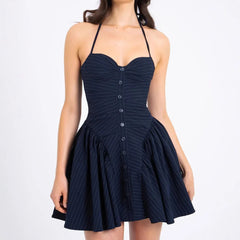 Aiertu - Pure Desire Style Striped Hanging Neck, Waist, and Bareback Dress for Female Niche Women's High End Dress 2025 Aiertu