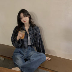 Aiertu Harajuku Crop Plaid Shirts Women Vintage Long Sleeve Loose Sunscreen Blouses Korean Fashion Casual All Match Top Thin Coat Aiertu