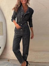 Aiertu - Women Slim Denim Jumpsuits Long Pants Rompers Springturn Down Collar Loose One Piece Full Sleeve Tight High Waist Overalls Aiertu