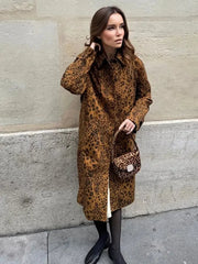 Aiertu - Women Fashion Leopard Print Lapel Suede Trench Coat Autumn Casual Long Sleeved Buttoned Jacket 2026 Lady High Street Outercoat Aiertu