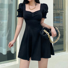 Aiertu - Retro Square Neck Black Bow Puff Sleeve Dress Aiertu