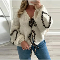 Aiertu - Fall Outfits 2026 Leopard Lace Up Cardigans Women Loose Long Lantern Sleeve V-neck Heart Print Patchwork Sweater 2026 Autumn Solid Female Knitwear Aiertu