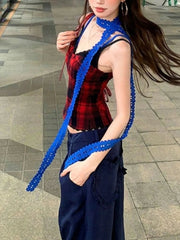 Aiertu - Fake Two Pieces Plaid Patchwork Grunge Tank Top Y2k Aesthetic Lace Bodycon Sexy Camisole Summer Streetwear Cropped Fairy Vest Aiertu