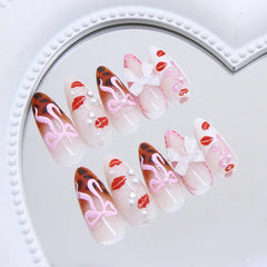 Aiertu - 24PCS Pink 3D Bowknot Pearl Press on Nails Ins Style Leopard Print Lips Patterns French Fake Nails for Women Almond False Nails Aiertu